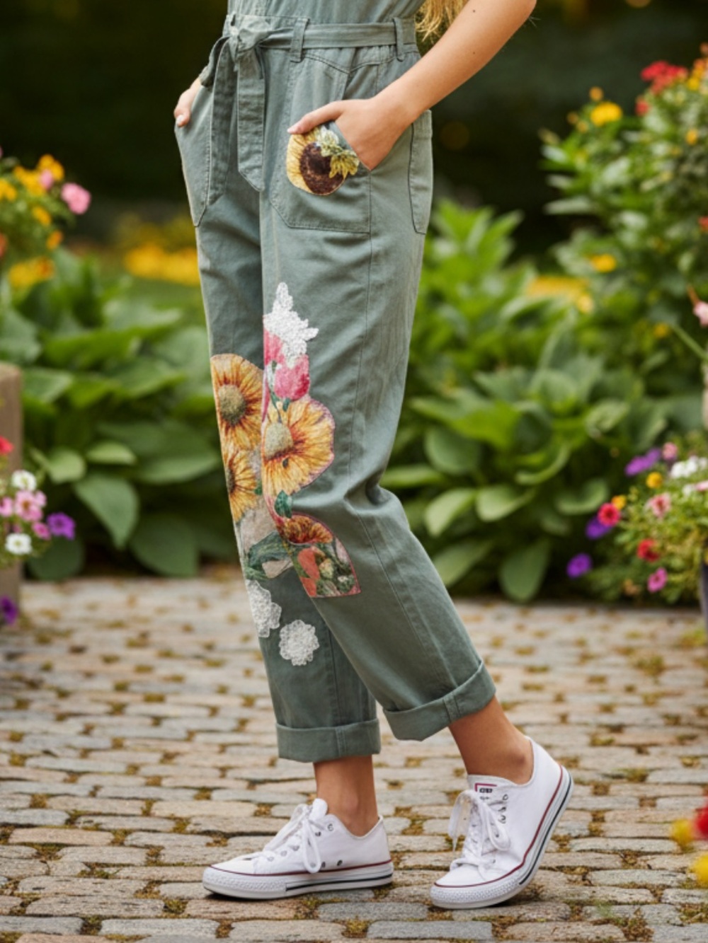 Celebrity Pink Olive Green Sunflower Print Cotton Jumpsuit - Picture 11 of 12